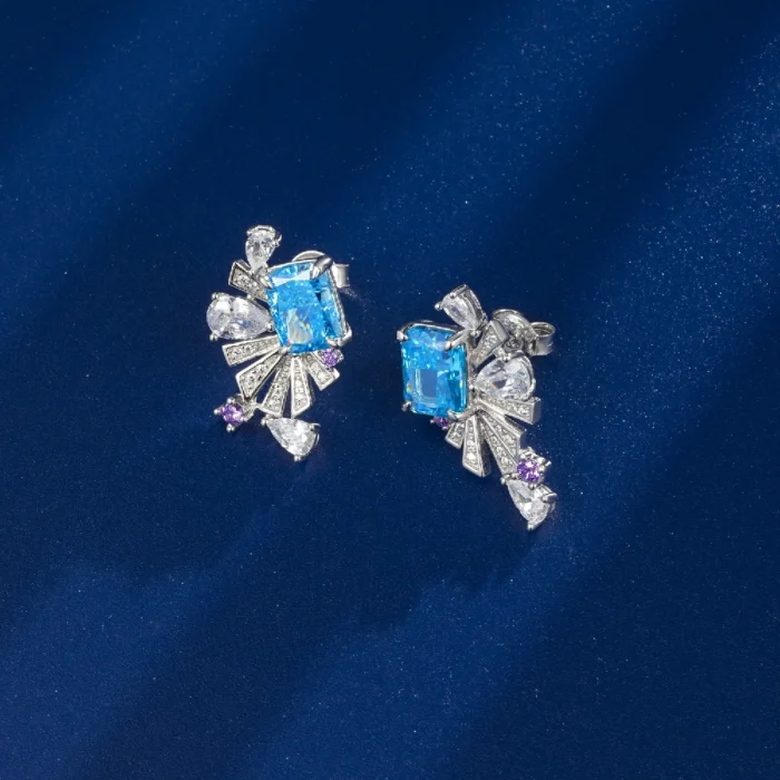 925 Silver Blue Cubic Zirconia Earrings E0692B - Image 2