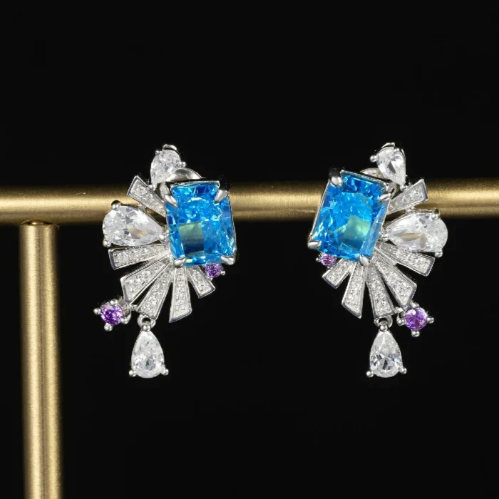 925 Silver Blue Cubic Zirconia Earrings E0692B - Image 3