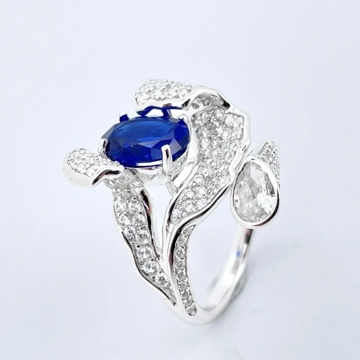 925 Silver Lab-Created Blue Sapphire Ring - Model ZHF-RDXY04DB - Image 2