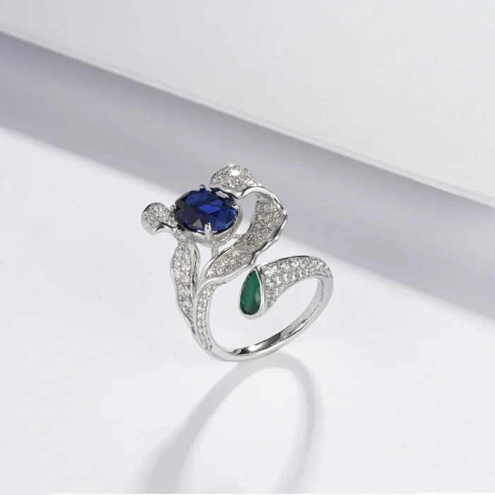 925 Silver Lab-Created Blue Sapphire Ring - Model ZHF-RDXY04DB - Image 3