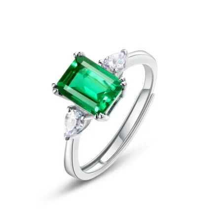 925 Silver Lab-Created Emerald Rectangular Ring - Model ZHFR0013