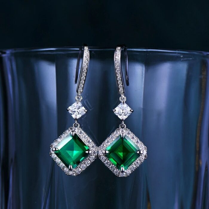 925 Silver Lab-Created Emerald Earrings - Model E0037 - Image 2