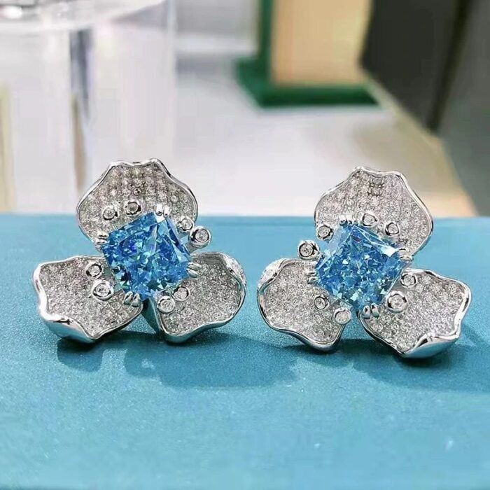925 Silver Blue Cubic Zirconia Earrings E-040B - Image 2