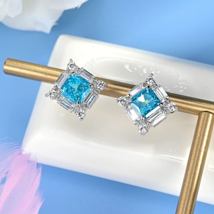 925 Silver Blue Cubic Zirconia Earrings E0643B - Image 2
