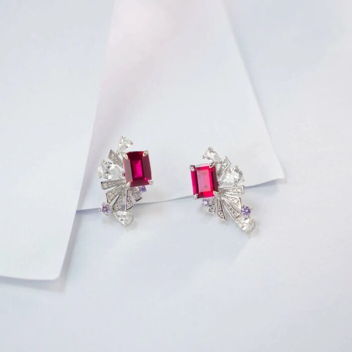 925 Silver Cultured Ruby Earrings E0692R - Image 2