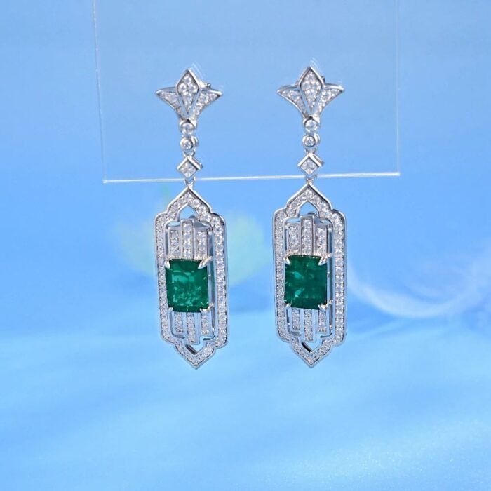 925 Silver Lab-Created Emerald Earrings - Model E0825 - Image 2