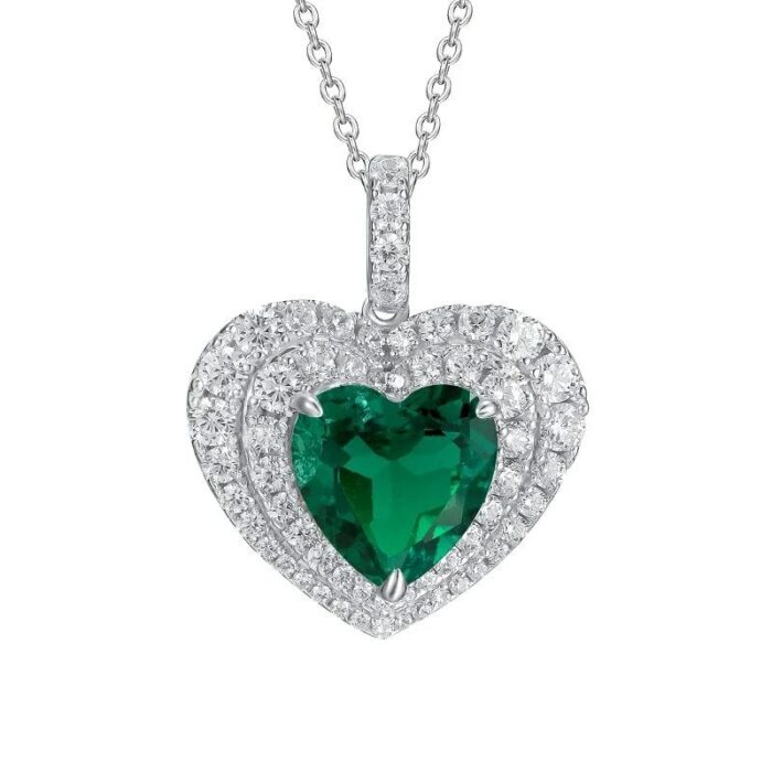 925 Silver Heart-Shaped Emerald Pendant - Model P0076 (Chain Not Included) - Image 1