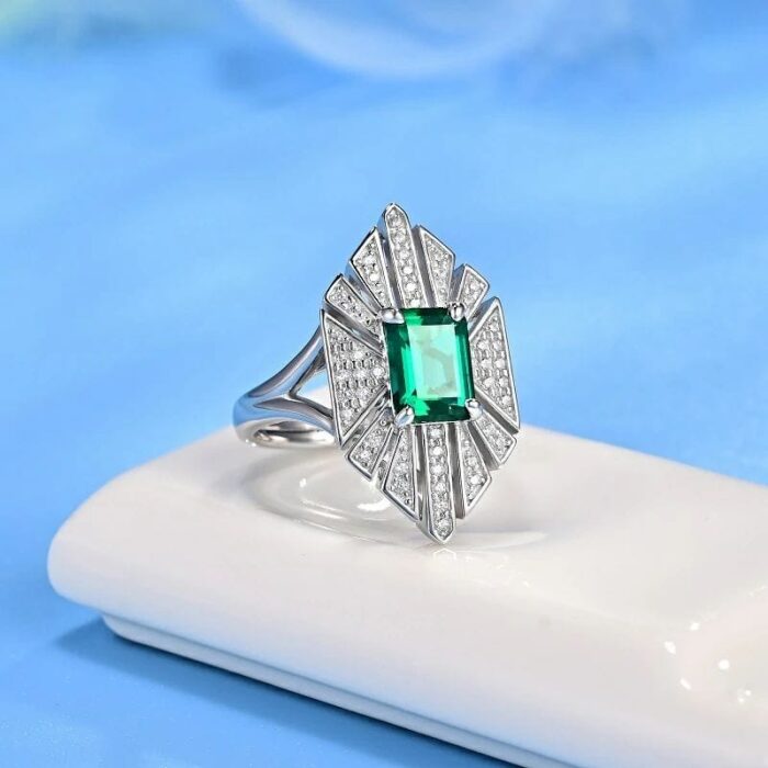 925 Silver Lab-Created Emerald Ring - Model R0683 - Image 2