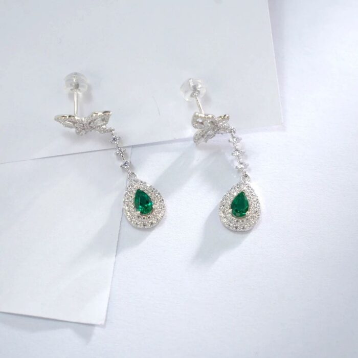 925 Silver Lab-Created Emerald Earrings - Model ZHFE0039 - Image 2