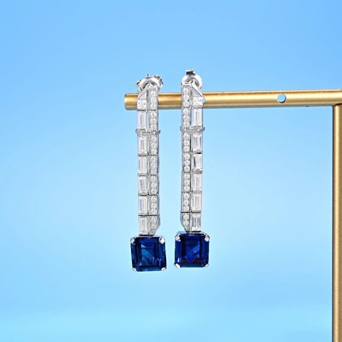 925 Silver Lab-Created Blue Sapphire Earrings - Model ZHF-E0758B - Image 2