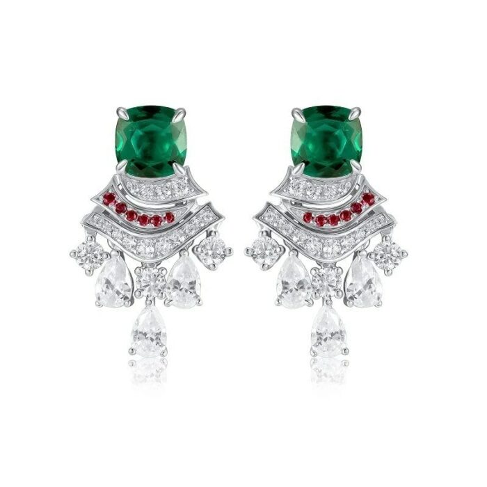 925 Silver Lab-Created Emerald Earrings - Model ZHF-E0831 - Image 1