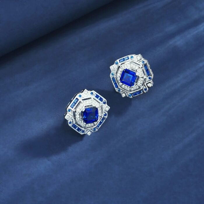 925 Silver Lab-Created Blue Sapphire Earrings - Model ZHF-E1635B - Image 2