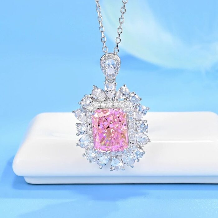 925 Silver Cubic Zirconia Pink Necklace P0357F - Image 2