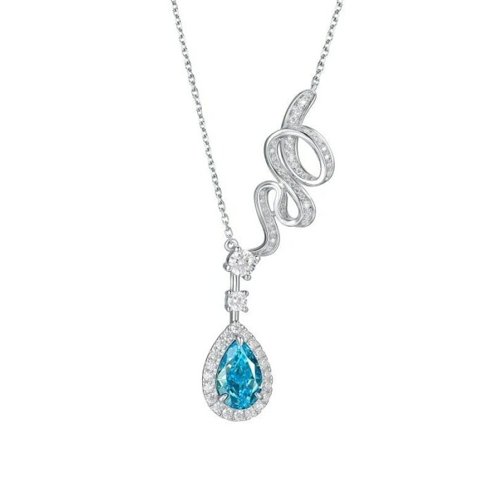 925 Silver Cubic Zirconia Blue Necklace P0606B - Image 1