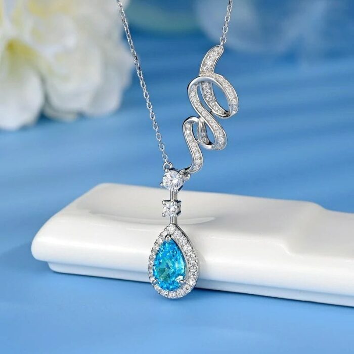 925 Silver Cubic Zirconia Blue Necklace P0606B - Image 2
