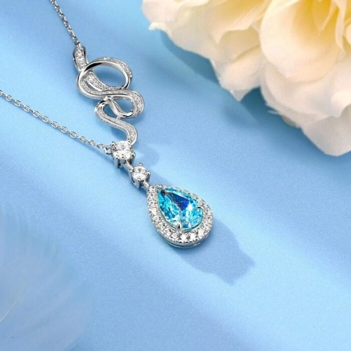 925 Silver Cubic Zirconia Blue Necklace P0606B - Image 3
