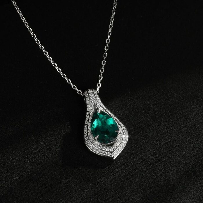 925 Silver Cultured Emerald Necklace P0622 - Image 4
