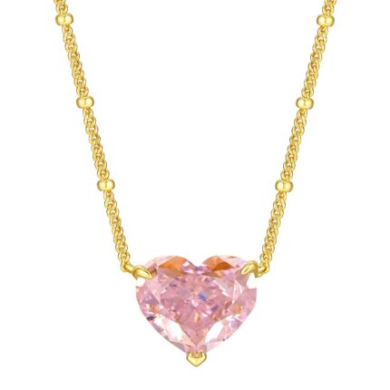 925 Silver Cubic Zirconia Pink Heart K Yellow Necklace P0676F