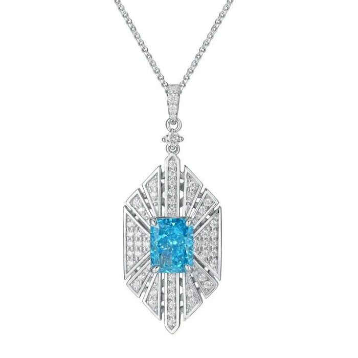 925 Silver Cubic Zirconia Blue Necklace P0684B - Image 1