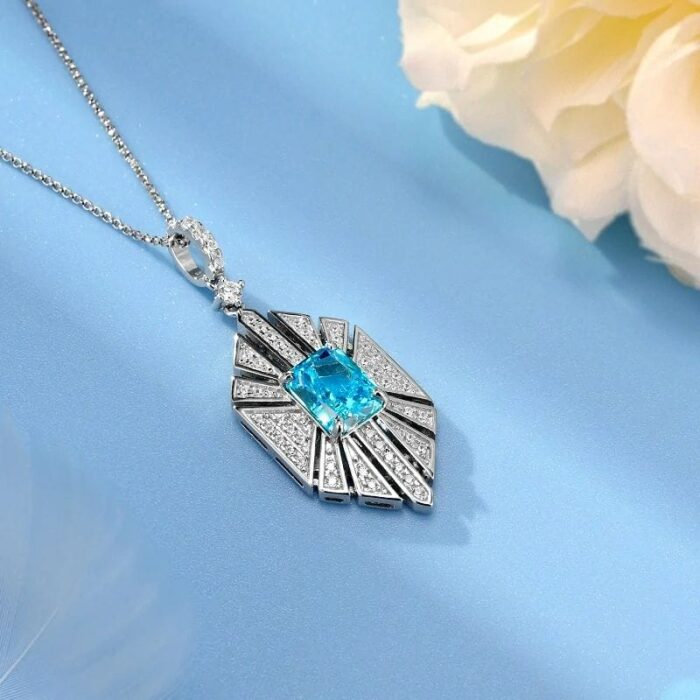 925 Silver Cubic Zirconia Blue Necklace P0684B - Image 3
